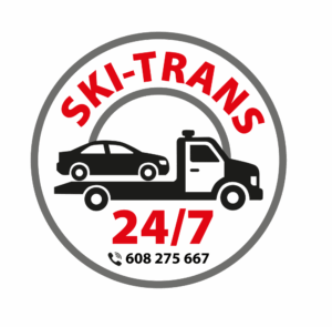 Logo Ski-Trans pomoc drogowa, auto na lawecie, tekst: 24/7, tel. 608 275 667.
