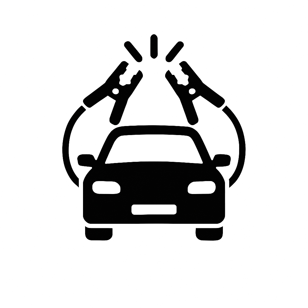 Ikona przedstawiająca samochód z kablami rozruchowymi – usługa odpalania auta przez Ski Trans Pomoc Drogowa Słupsk