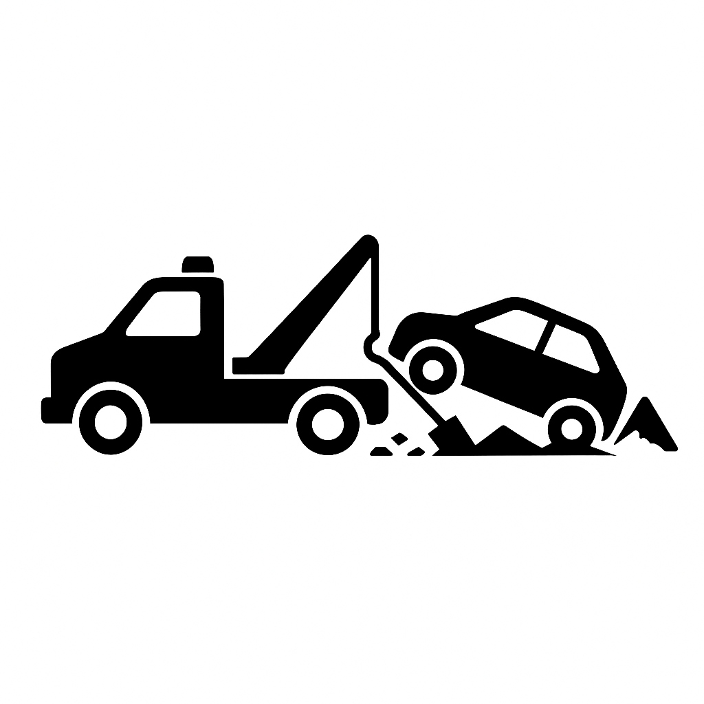 Ikona przedstawiająca wyciąganie auta z rowu lub śniegu przez lawetę – usługa firmy Ski Trans Pomoc Drogowa Słupsk