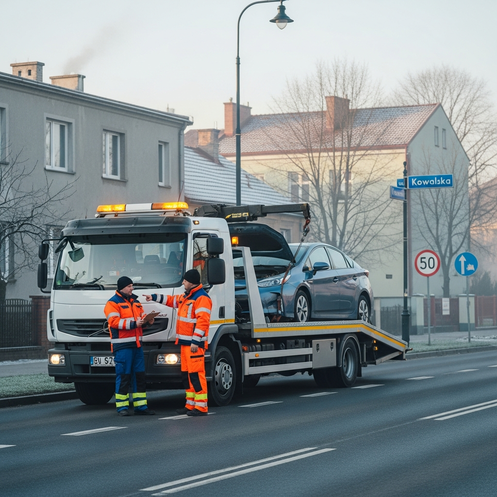 Laweta zabierająca auto w Suwałkach, fachowcy SKI TRANS sprawdzają pojazd przed transportem, pomoc drogowa