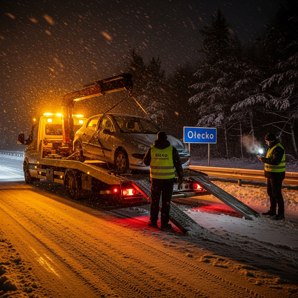 Laweta do holowania Suwałki nocą, ekipa ładuje auto na trasie do Olecka, pomoc drogowa