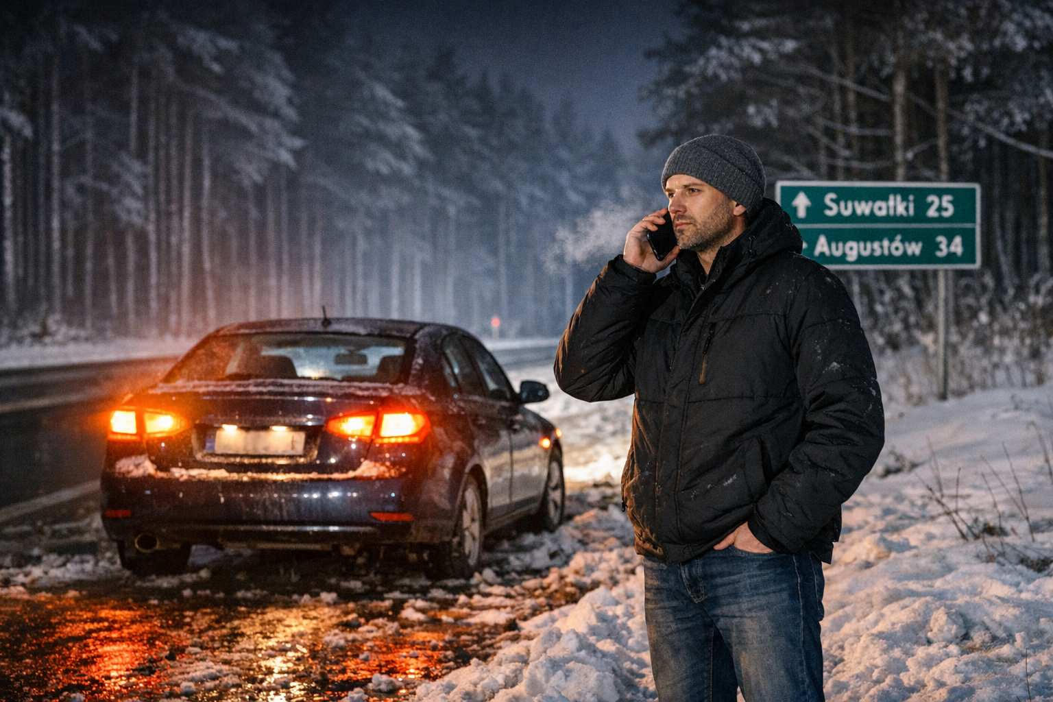 Kierowca w zimie czekający na pomoc drogową Suwałki na poboczu trasy Suwałki-Augustów, laweta, awaria, noc