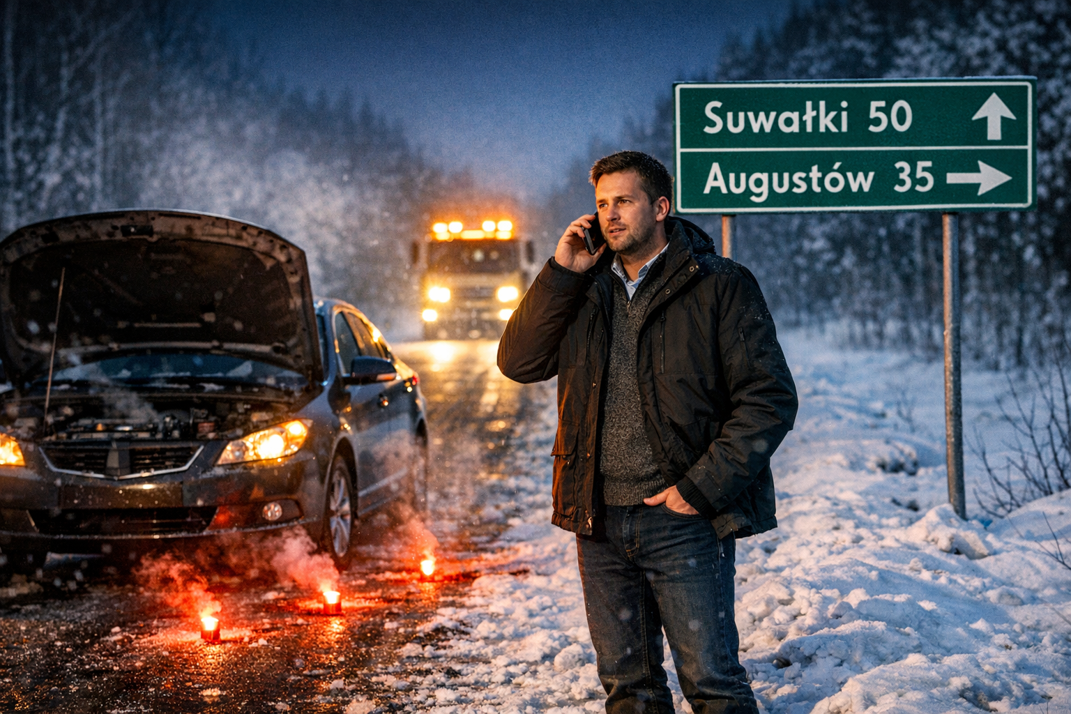 Kierowca dzwoniący po pomoc drogową na zaśnieżonej trasie Suwałki-Augustów, laweta, holowanie