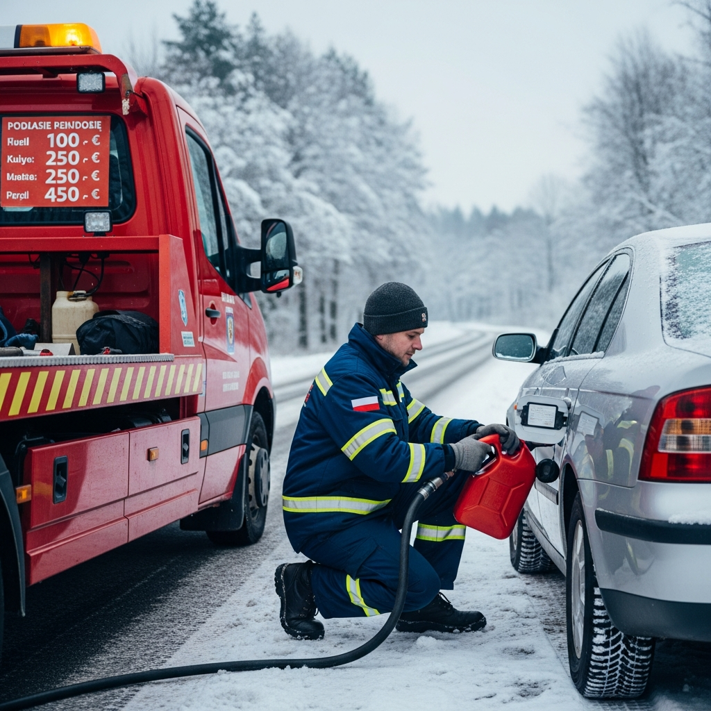 Dowóz paliwa Suwałki cena, technik pomoc drogowa przekazujący kanister paliwa kierowcy na poboczu