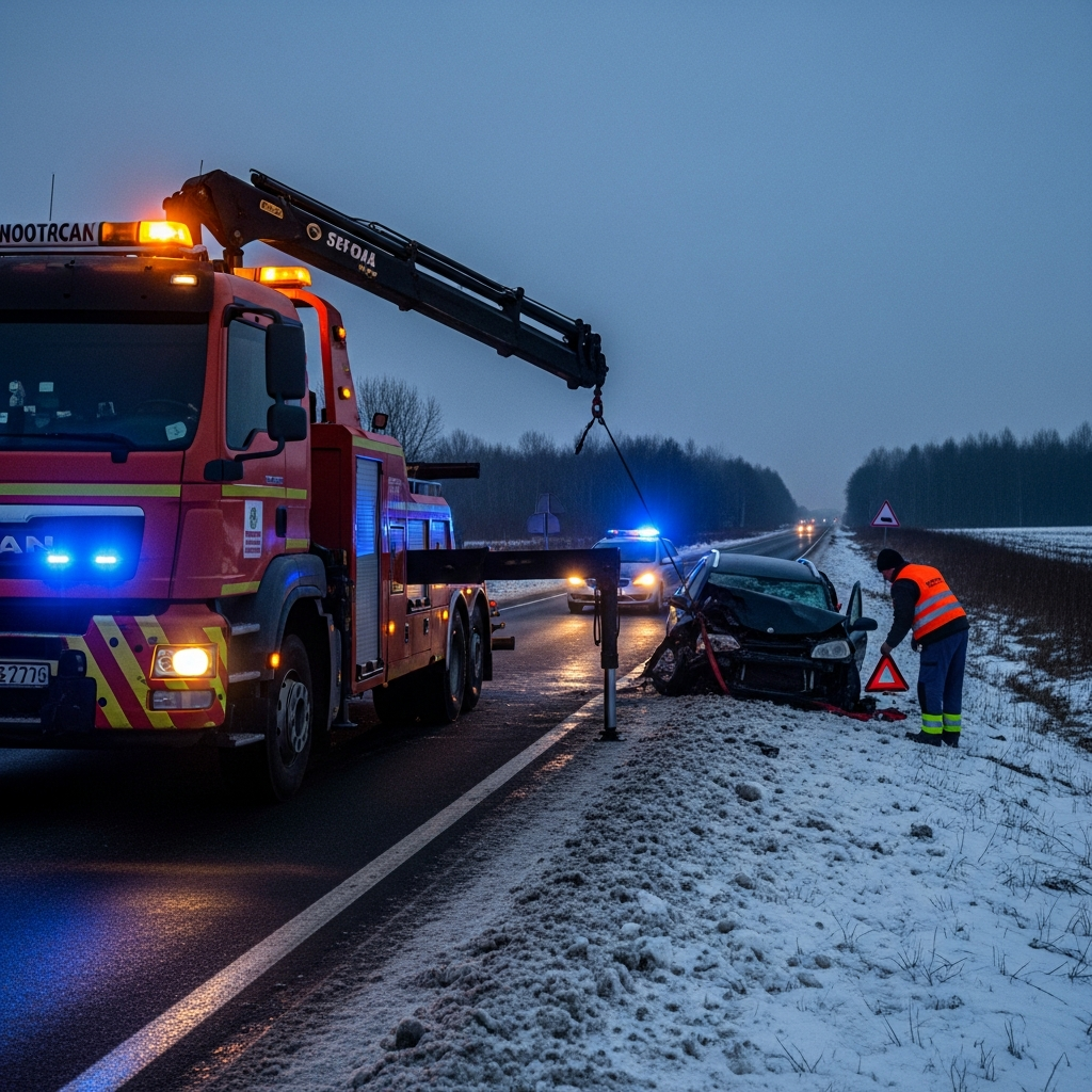 Laweta i pomoc drogowa Suwałki zabezpieczają miejsce wypadku na bocznej trasie podlaskiej, śnieg, ostrzegawczy trójkąt