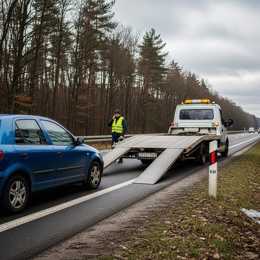 Laweta i pomoc drogowa Suwałki przy leśnej trasie w Podlasiu; kierowca podaje lokalizację przez telefon
