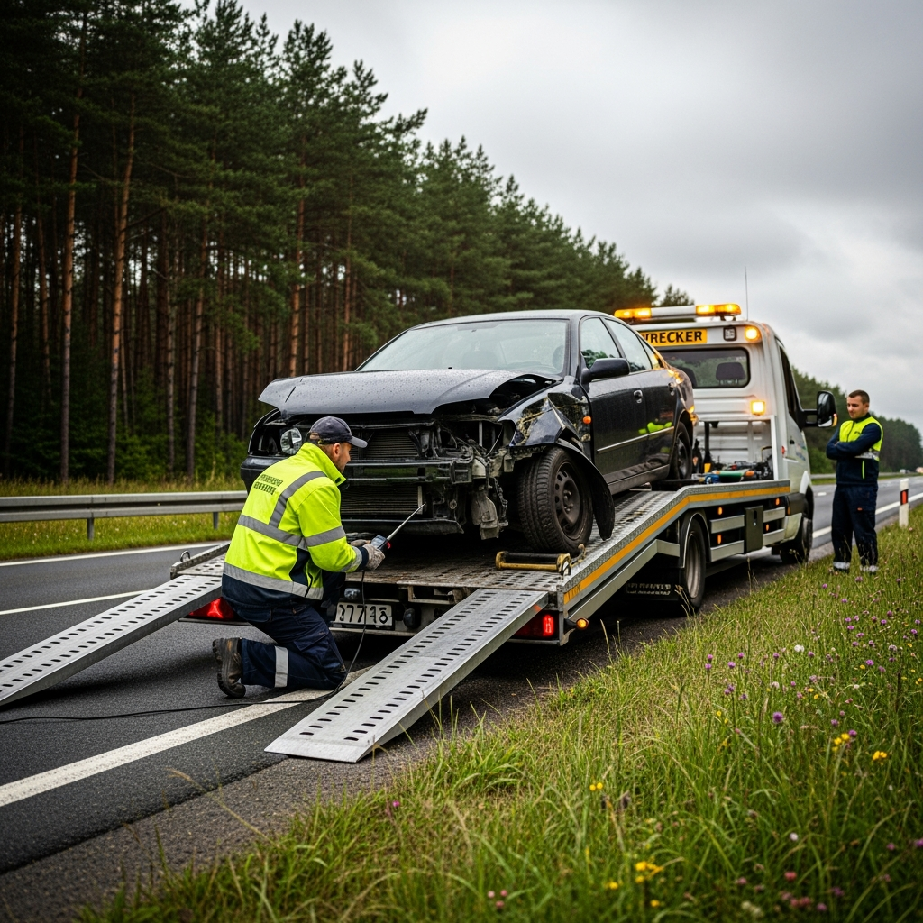 Laweta ładuje auto z urwanym kołem na trasie Suwałki, holowanie urwanego koła, profesjonalna pomoc