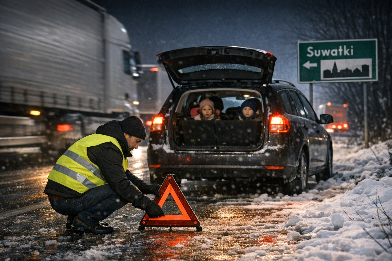 Zmiana koła na trasie Suwałki – kierowca ustawia trójkąt ostrzegawczy obok auta z przebitą oponą
