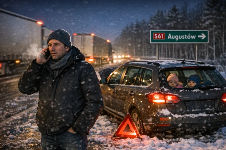 Man talking on the phone next to a car on the side of a winter road, road sign and trucks in the background.