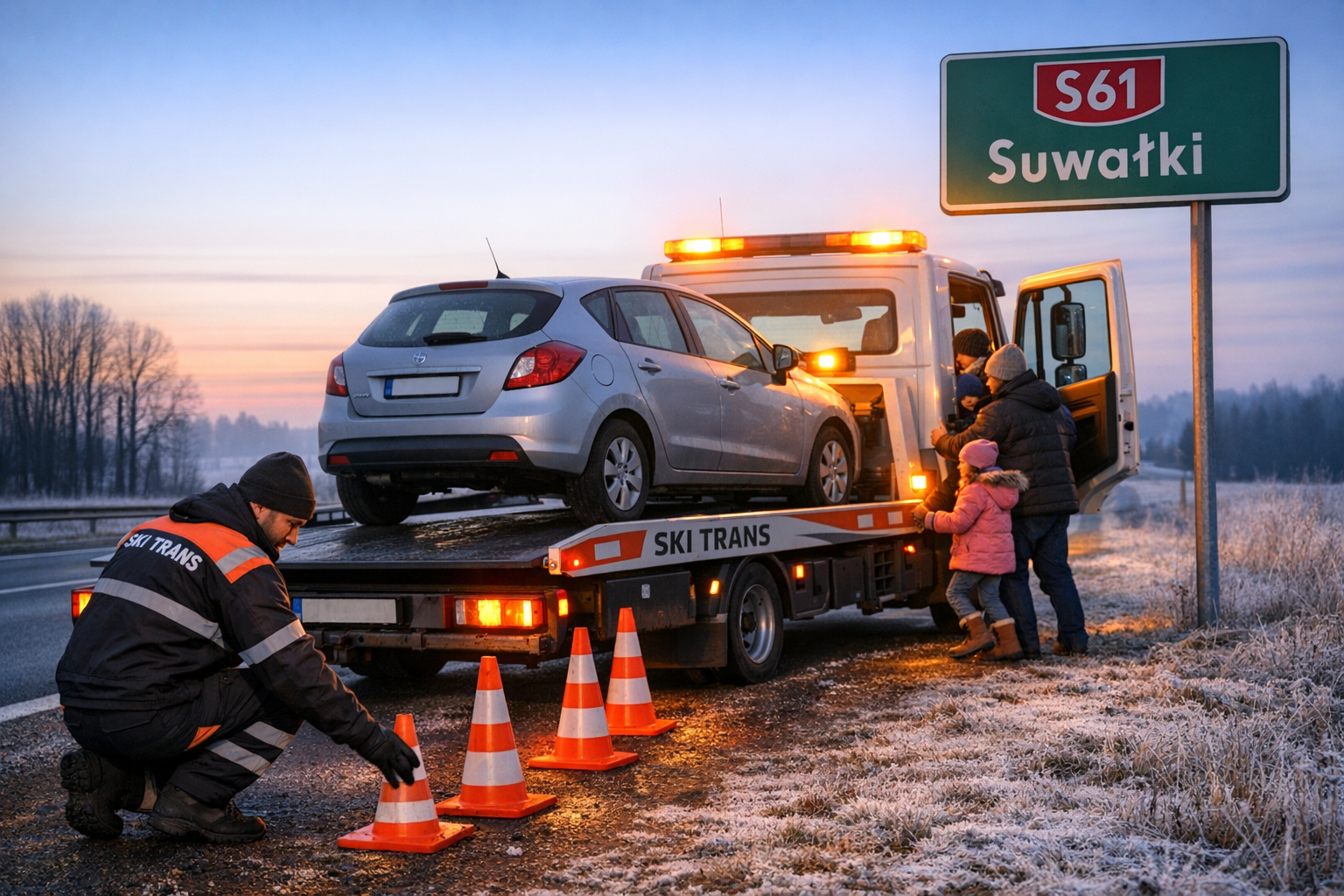 Laweta SKI TRANS wciągająca auto na S61, rodzina z dziećmi wsiada do kabiny, holowanie Suwałki