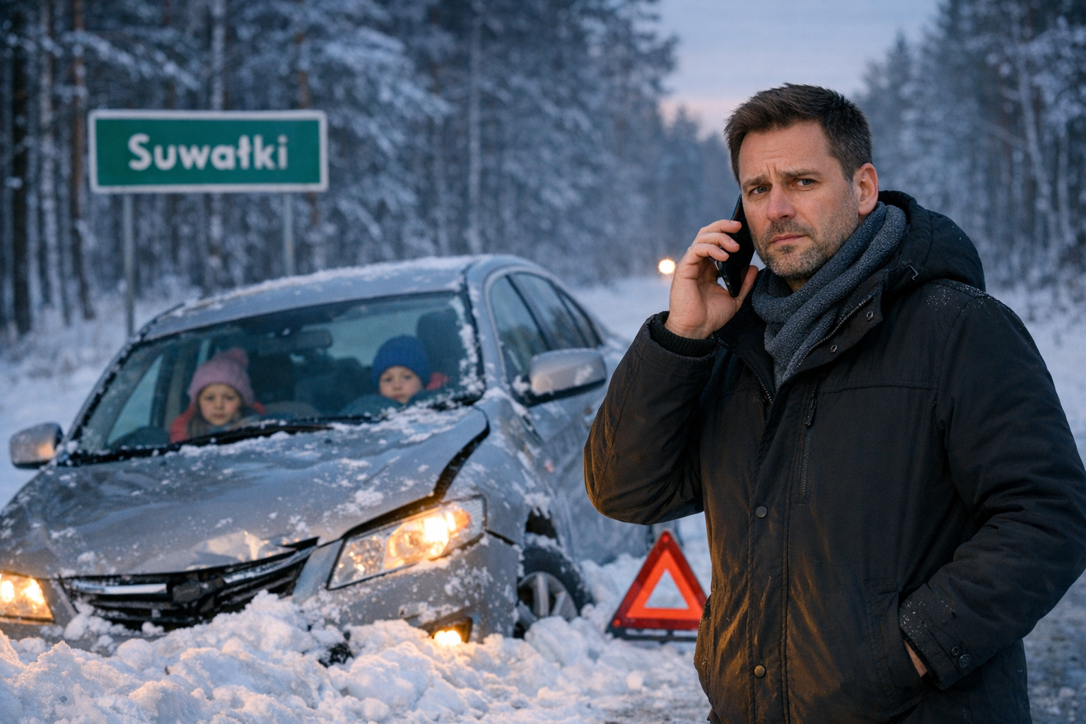 Kierowca z dziećmi w aucie czeka na pomoc drogową Suwałki na zaśnieżonej trasie poza miastem
