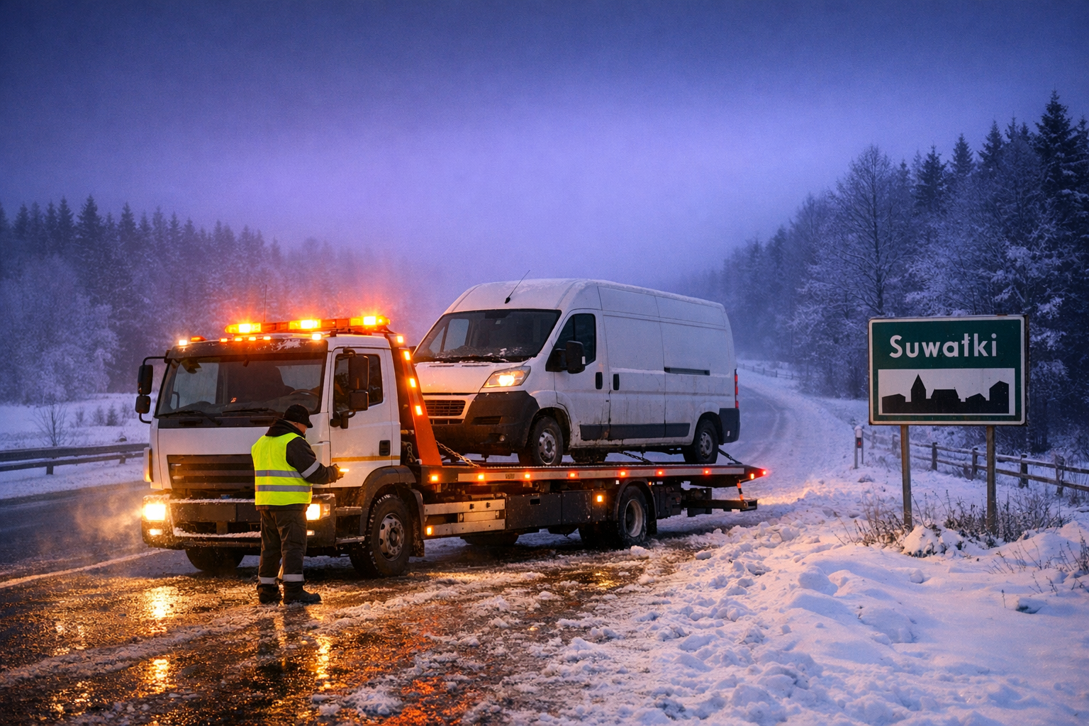Laweta SKI TRANS Suwałki holuje busa nocą, zima, Podlasie, awaria firmowa na drodze