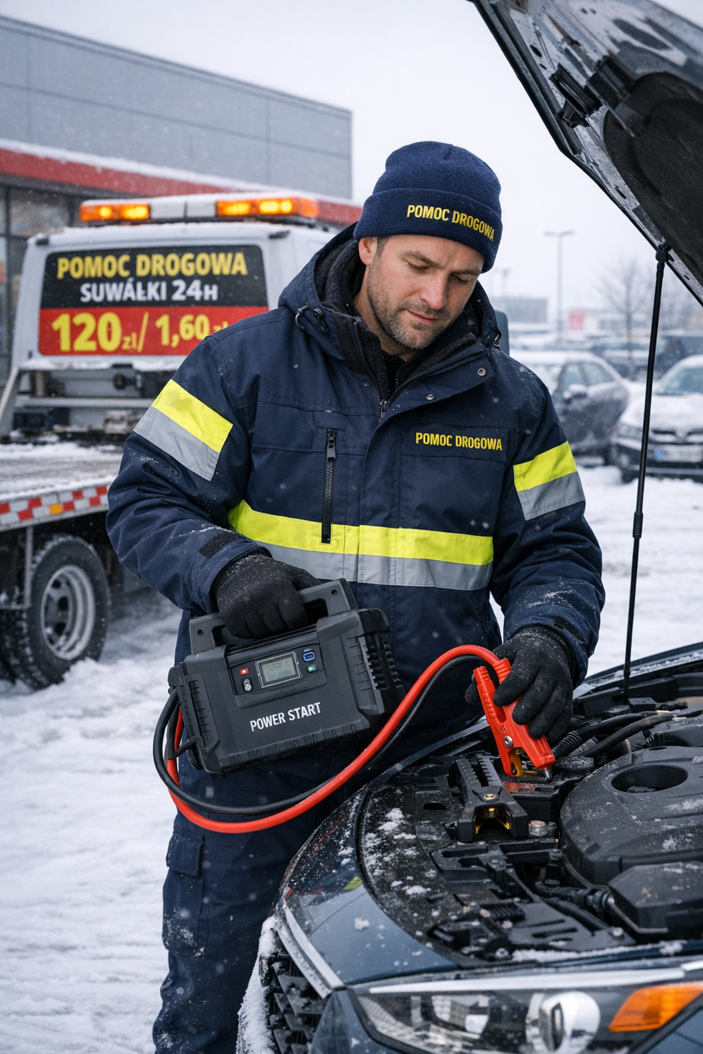 Kierowca próbuje odpalania z kabli na zimnej ulicy Suwałk, pomoc drogowa Suwałki w tle