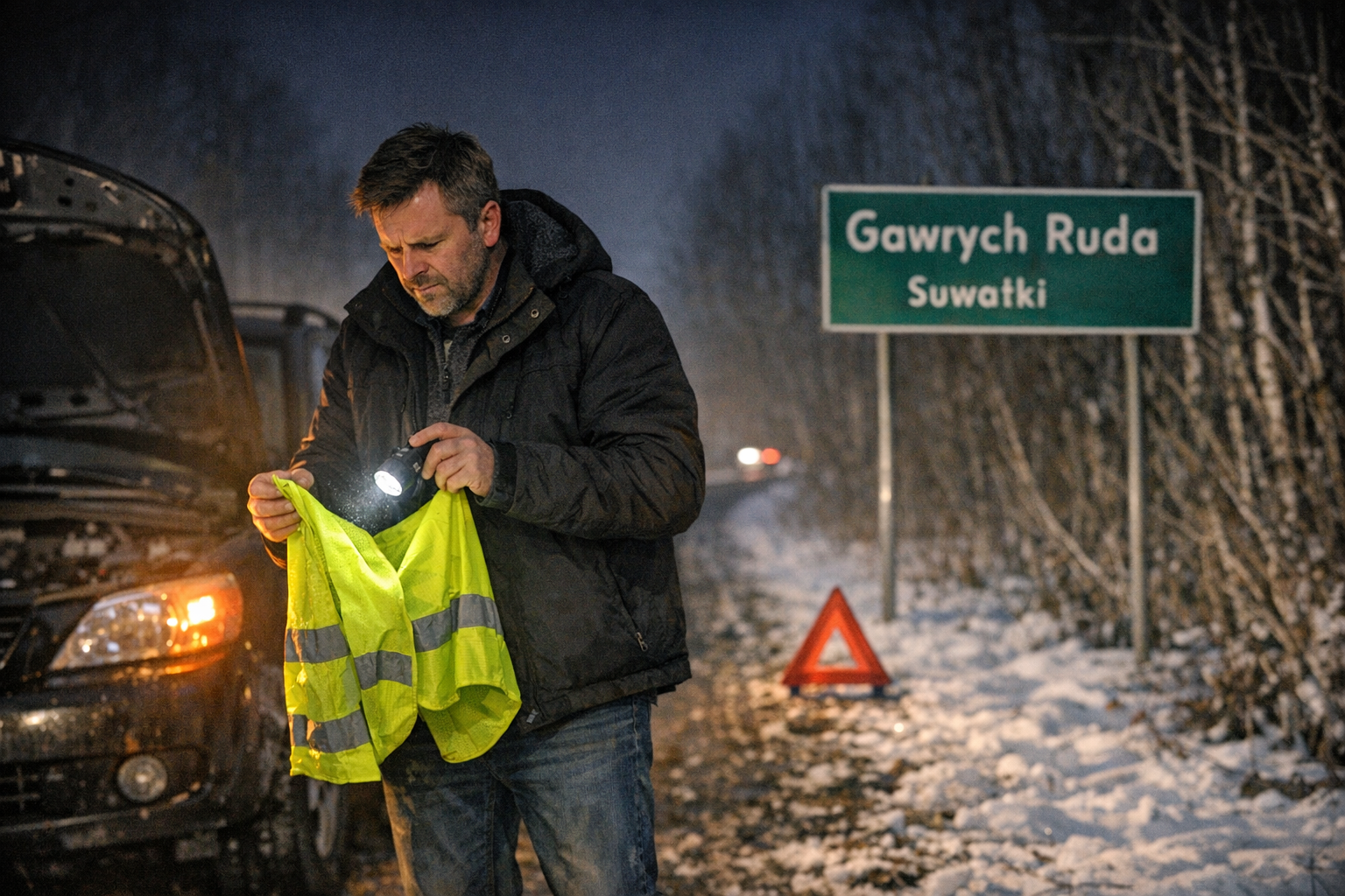 Kierowca sprawdzający odblask i latarkę przy zepsutym aucie, noc, pomoc drogowa Suwałki, zaśnieżona trasa