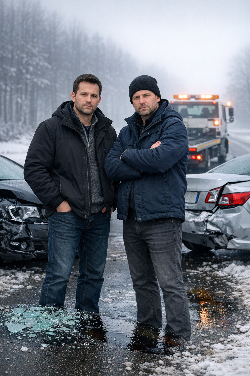 Kierowcy przy rozbitych autach i plamie oleju, Suwałki-Augustów, pomoc drogowa Suwałki