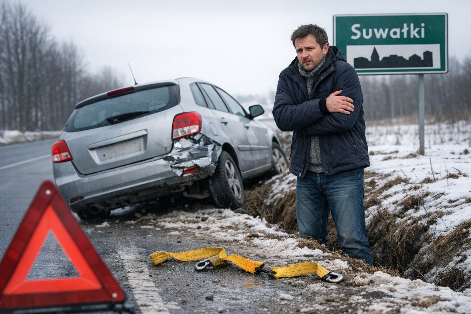 Kierowca i uszkodzone auto w rowie na trasie Suwałki, zerwana lina holownicza, pomoc drogowa Suwałki