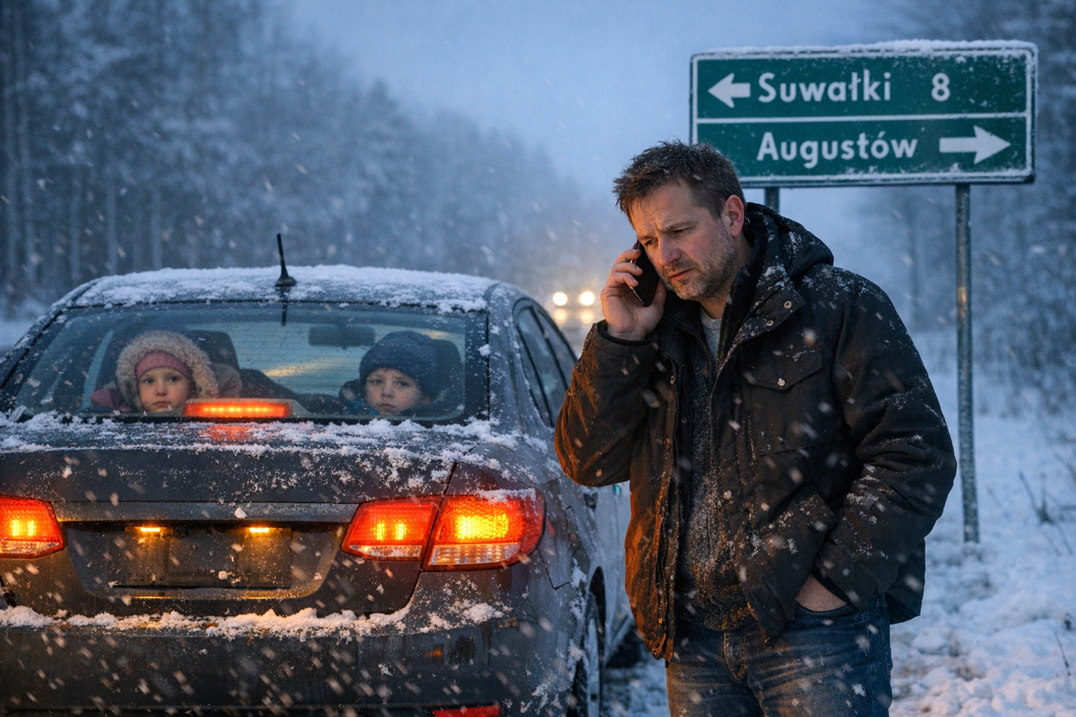 Kierowca z rodziną na trasie Suwałki-Augustów wzywa pomoc drogową Suwałki; laweta i śnieg, noc, awaria