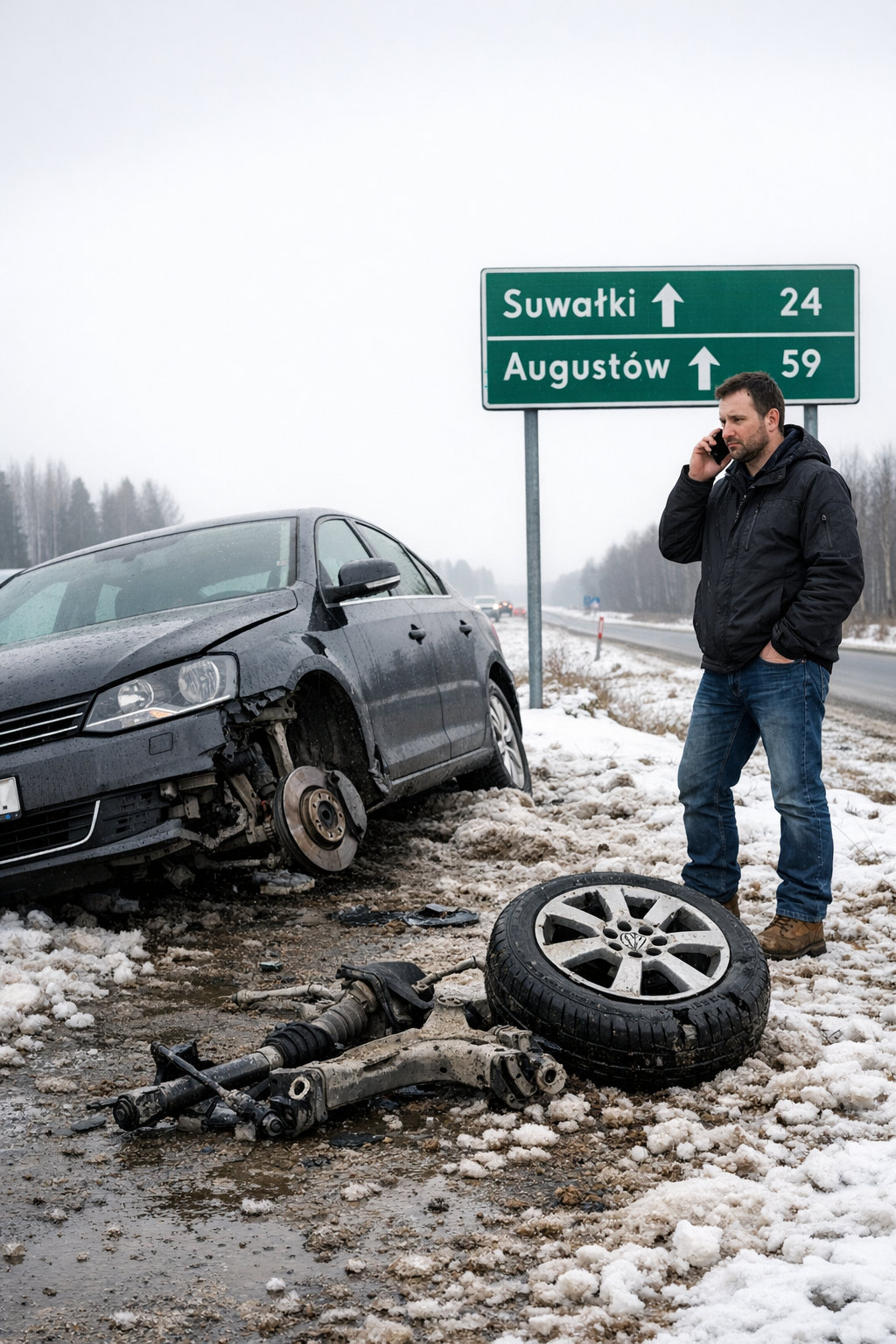 Awaria auta z urwanym kołem na zaśnieżonej trasie Suwałki-Augustów, pomoc drogowa Suwałki