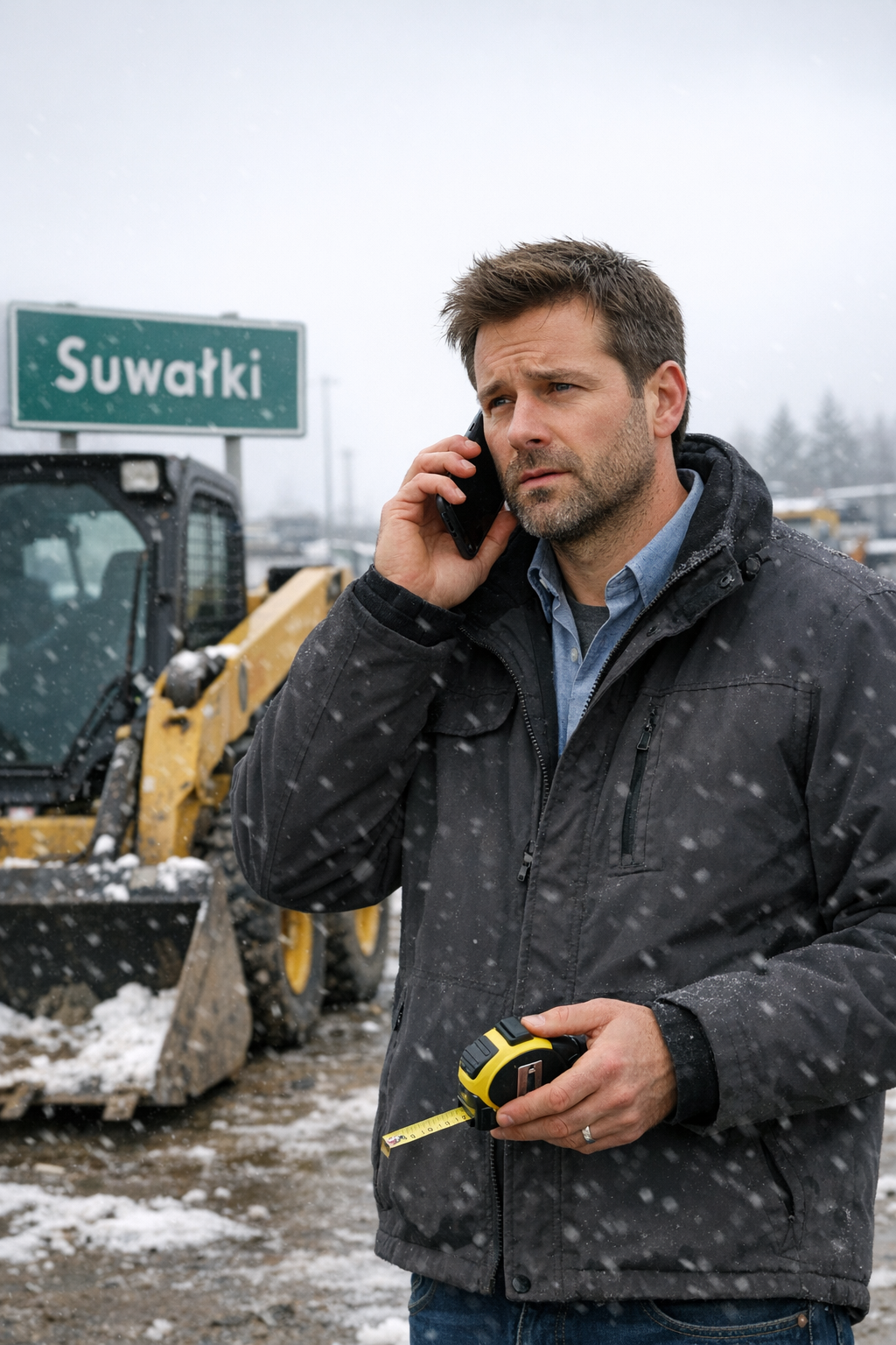 Klient mierzy maszynę budowlaną na placu Suwałki, transport maszyn Suwałki, doradztwo pomoc drogowa