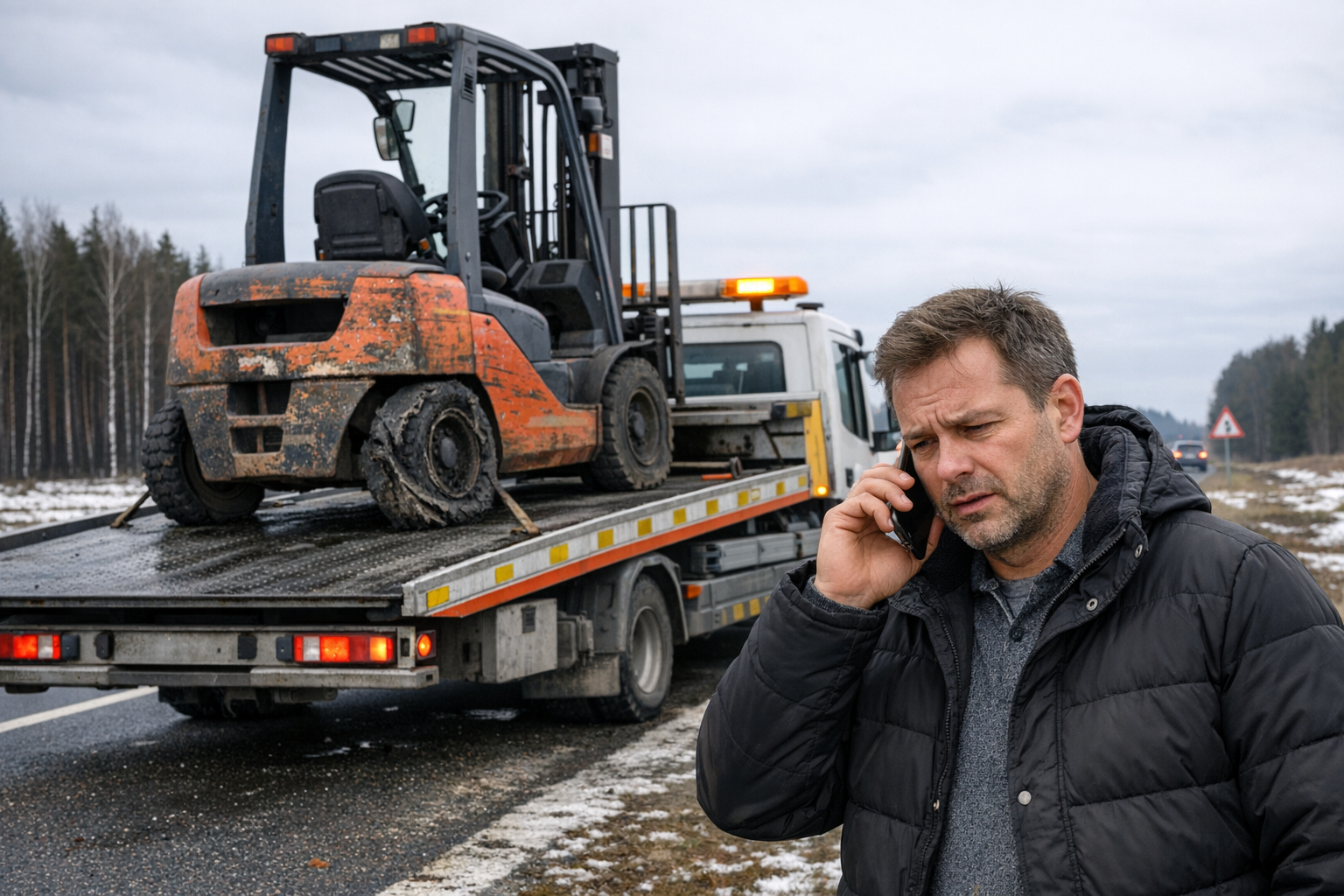 Pomoc drogowa Suwałki, laweta z uszkodzonym wózkiem widłowym na trasie Suwałki-Augustów