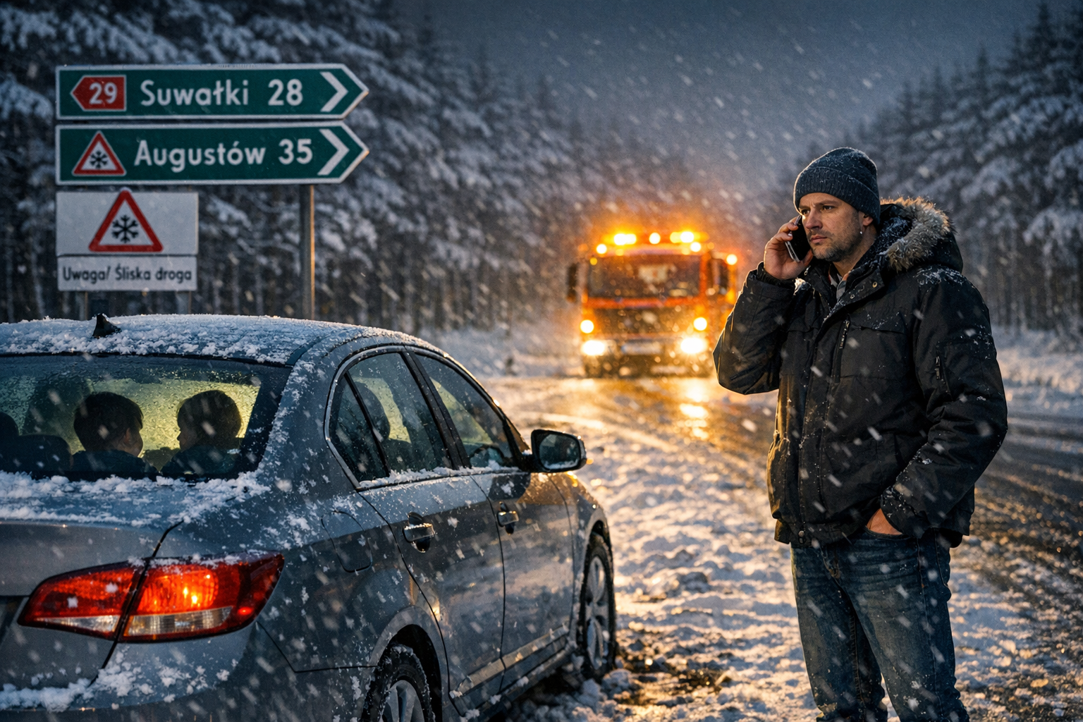 Kierowca wzywający pomoc drogową na zaśnieżonej trasie Suwałki-Augustów, laweta w tle, noc