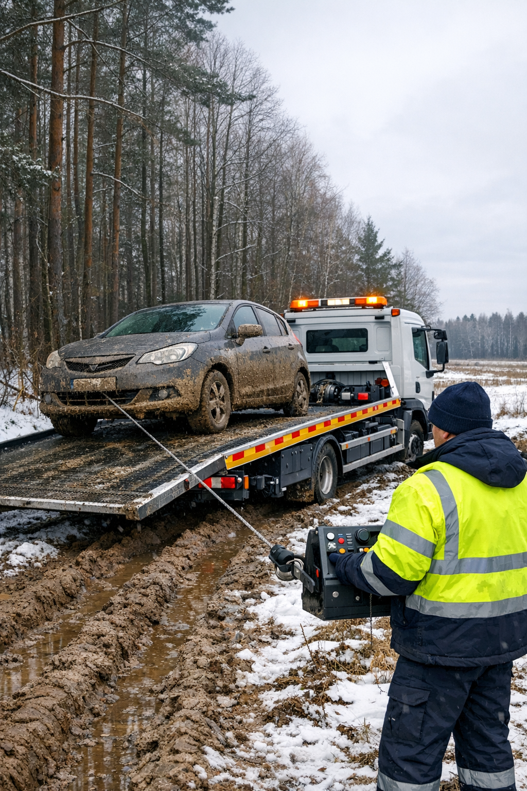 Laweta i wyciągarka w akcji na zaśnieżonej leśnej drodze Podlasia, auto ugrzęzło w błocie