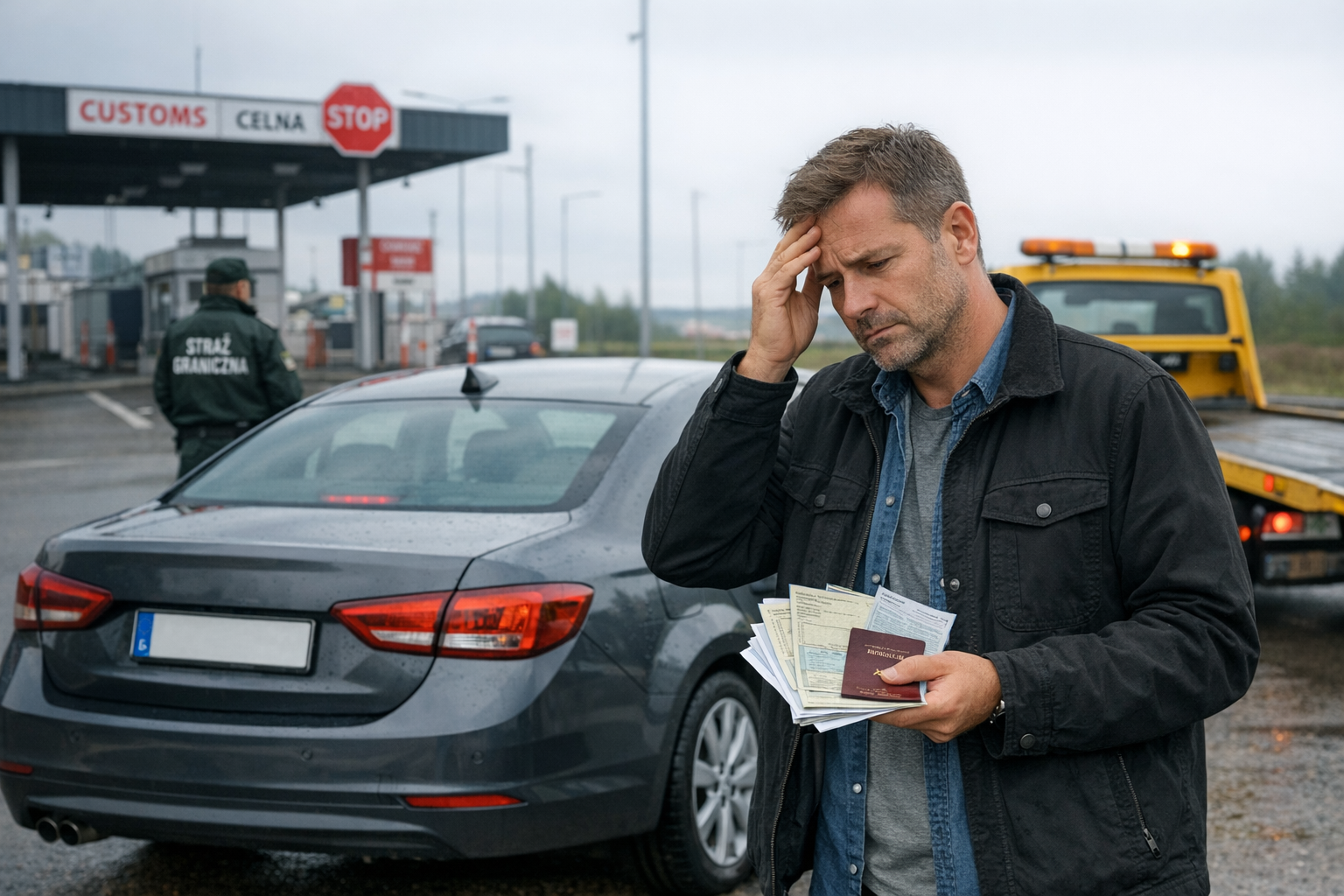 Kierowca z zagranicznymi dokumentami, auto na granicy Suwałki, laweta, pomoc drogowa Suwałki