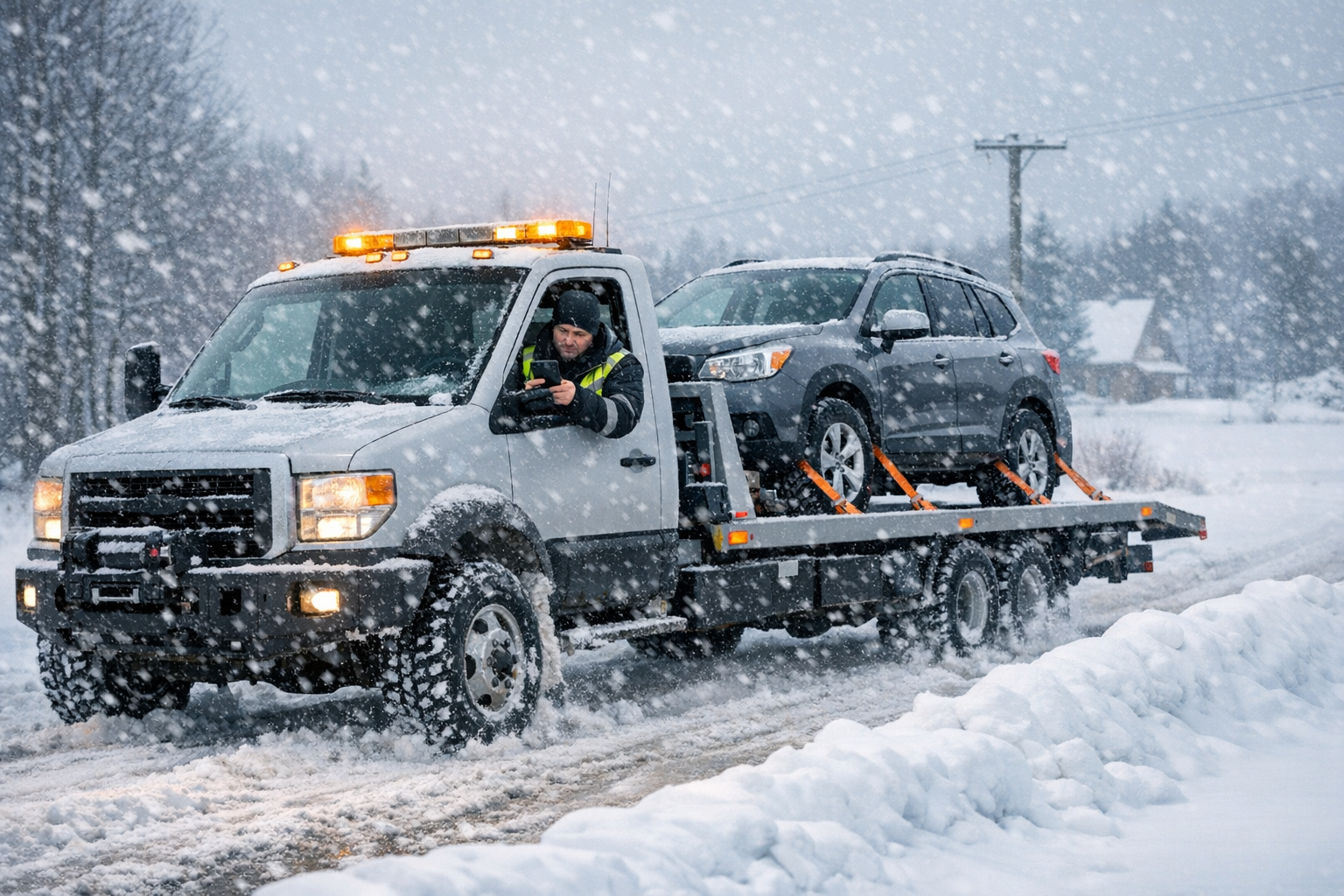 Laweta z autem na trasie Budzisko-Suwałki, śnieg, transport auta z zagranicy, pomoc drogowa