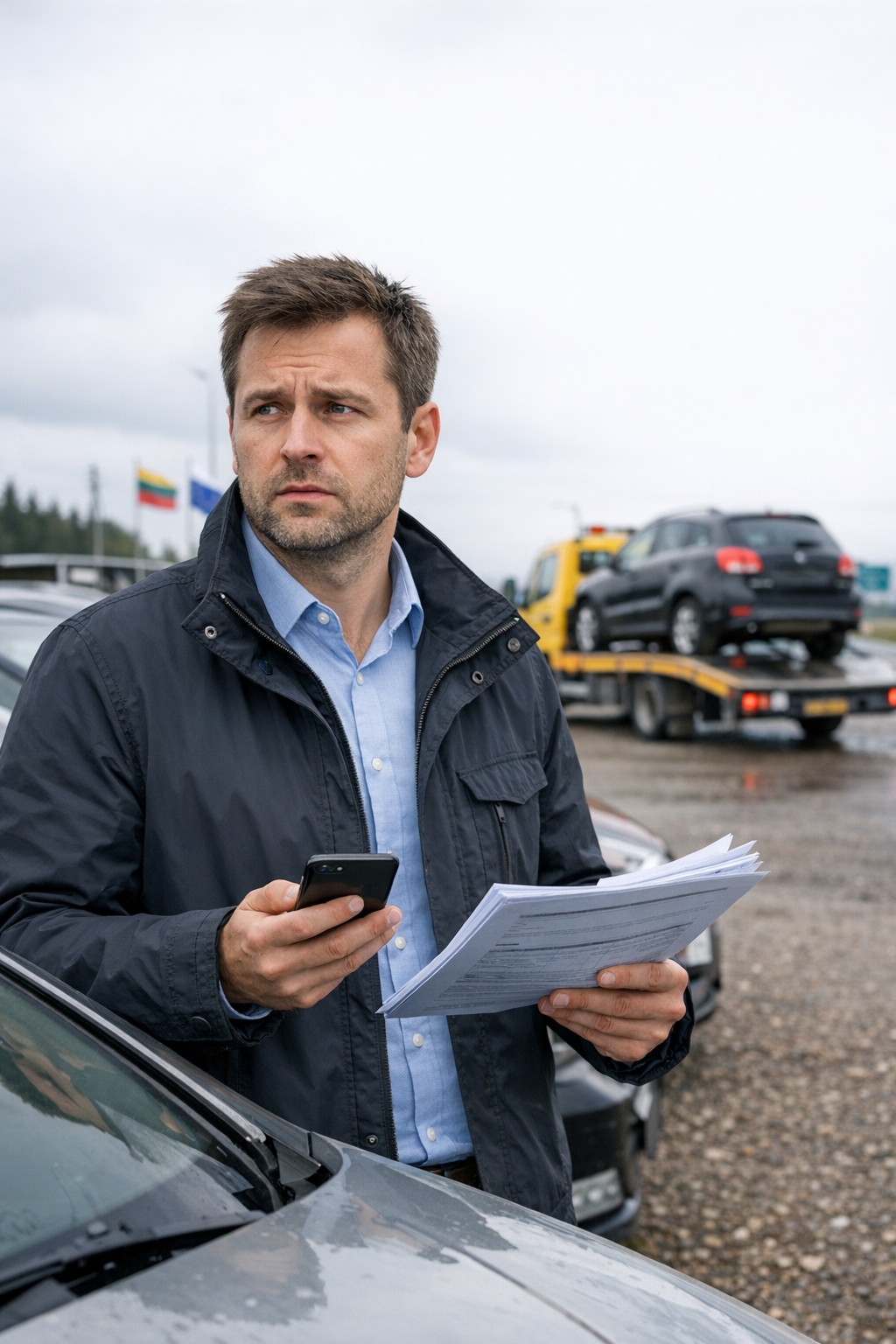 Kupujący odbierający auto w litewskim komisie, laweta i dokumenty, przewóz auta z zagranicy, pomoc drogowa Suwałki