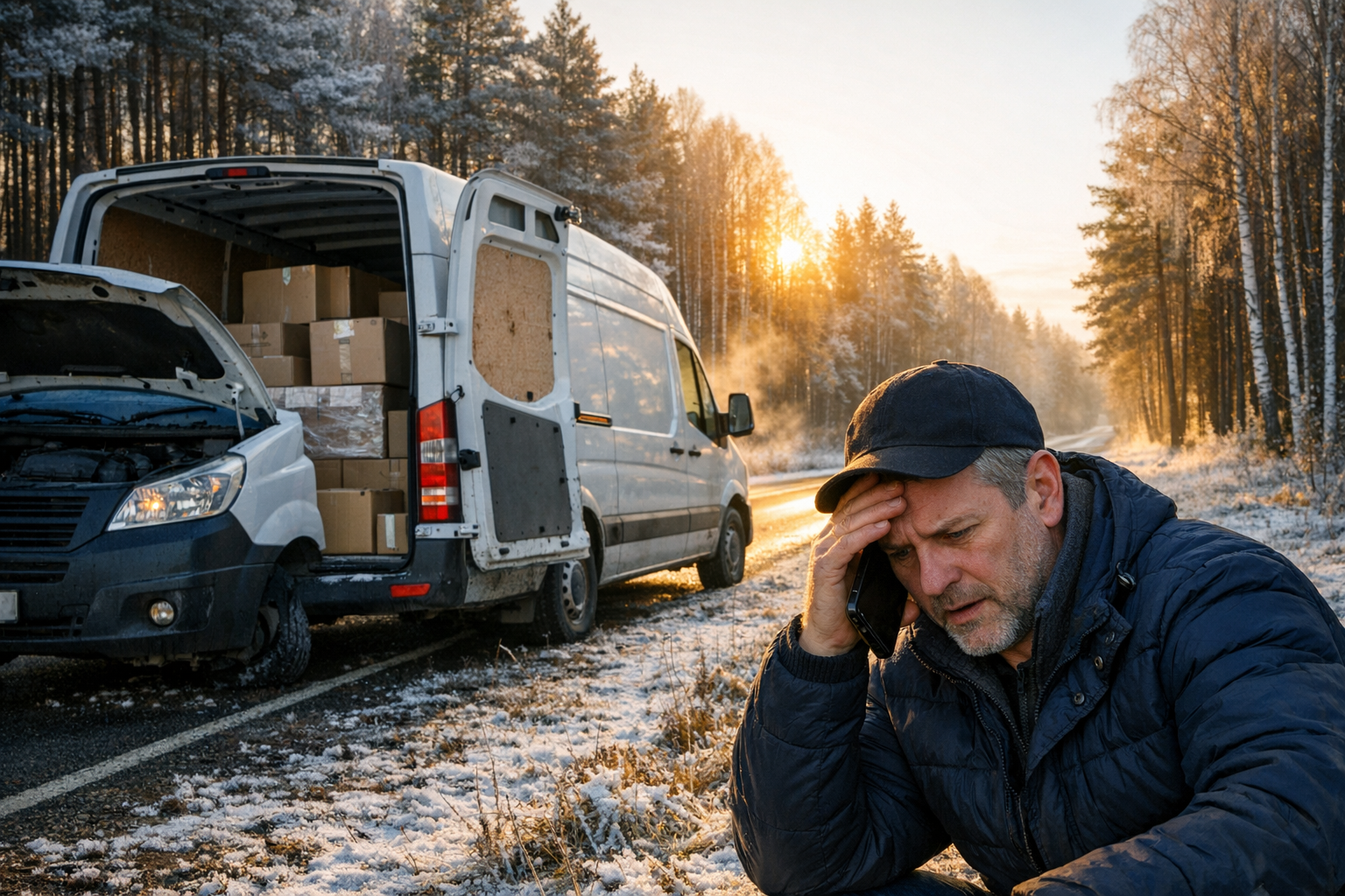 Pomoc drogowa Suwałki – kierowca dostawczaka zabezpiecza ładunek na trasie koło Gawrych Rudy