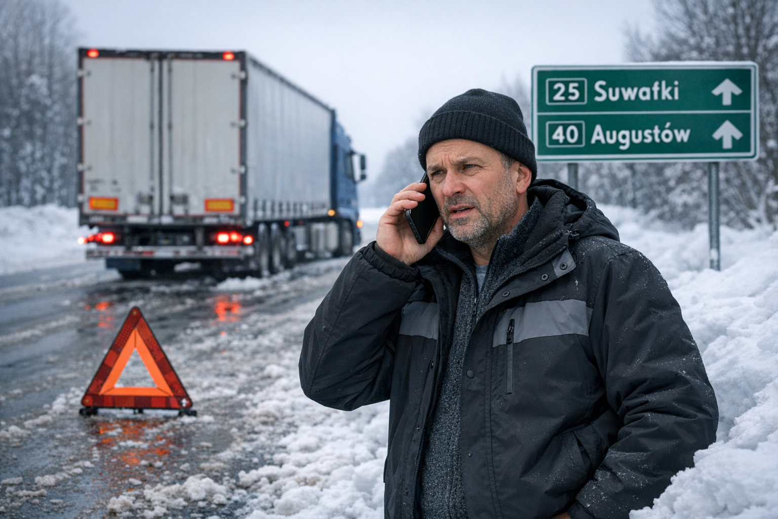 Kierowca TIR dzwoni na pomoc drogową w śniegu; laweta, holowanie ciężarowych, Suwałki-Augustów, awaria ciężarówki