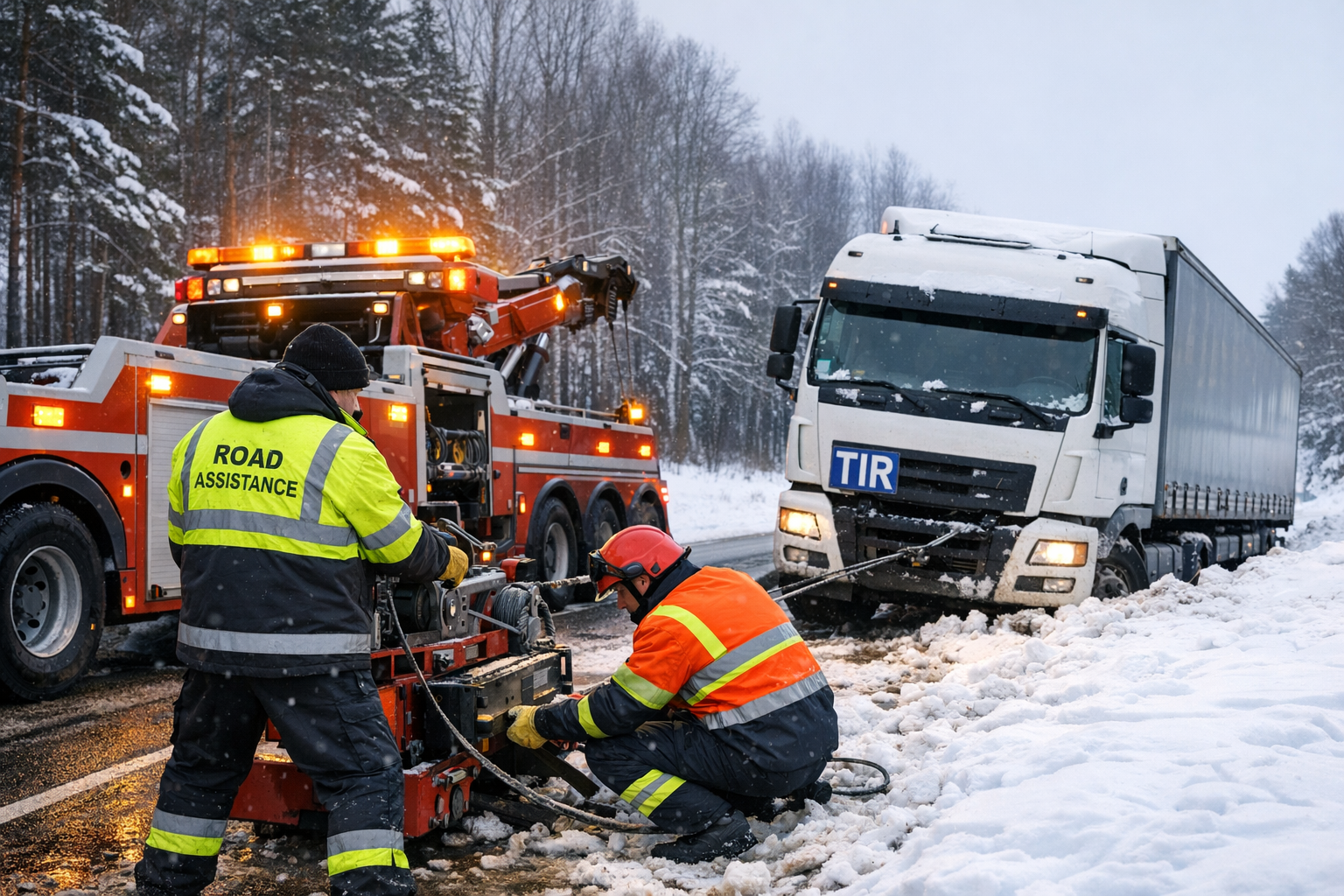 Ekipa holuje ciężarówkę z zaspy na trasie Podlasia; pomoc drogowa Suwałki, laweta, holowanie TIR