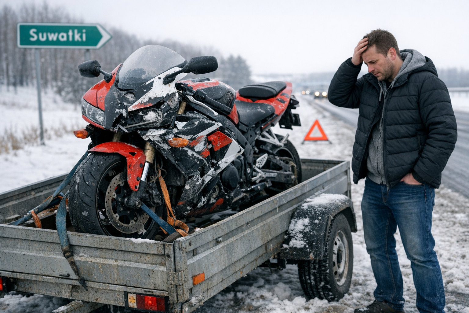 Motocykl z uszkodzeniami na lawecie, zaniepokojony kierowca, pomoc drogowa Suwałki, przewóz quada lawetą