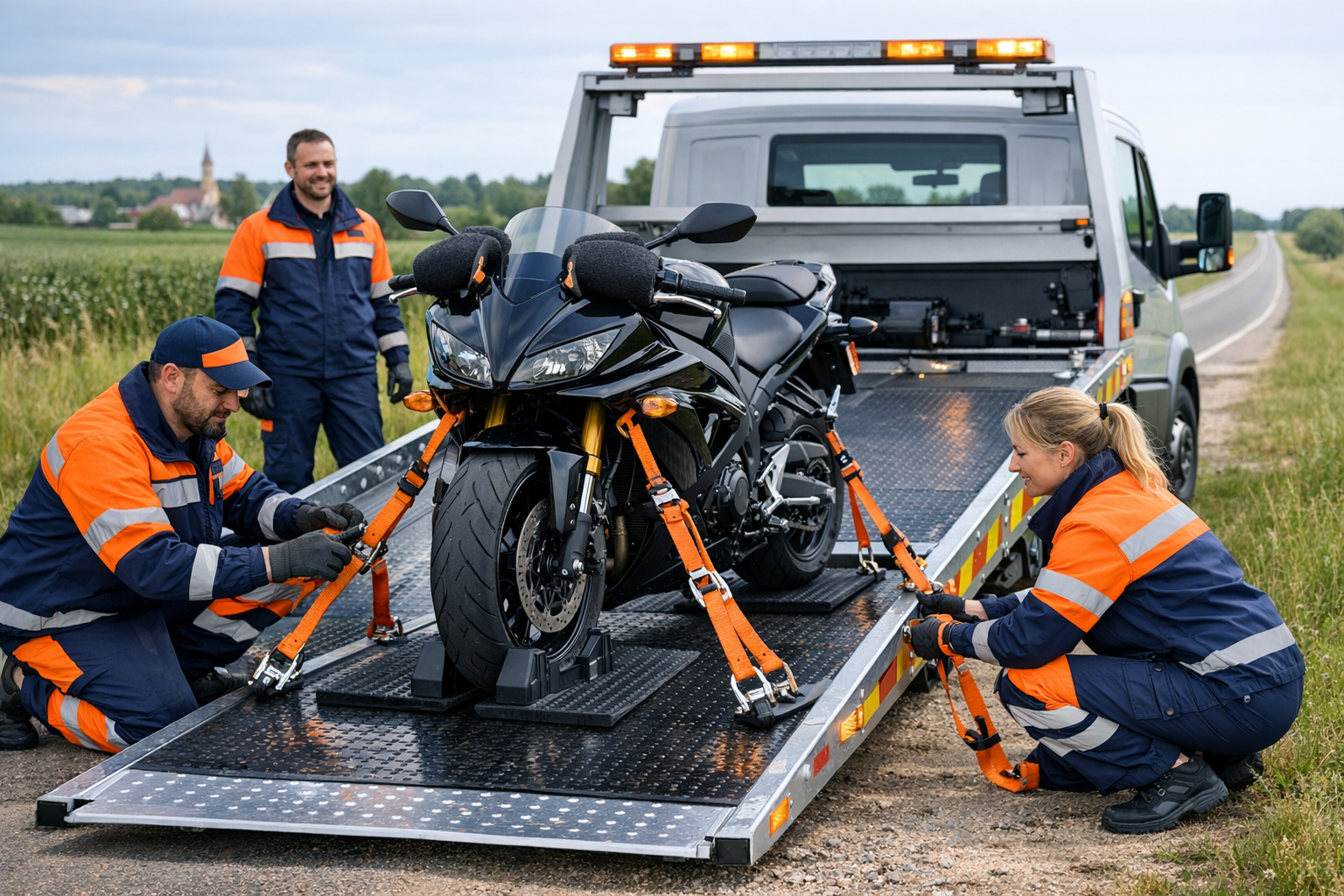 Załadunek motocykla na lawetę, zabezpieczenie pianką i pasami, transport motocykla Suwałki, pomoc drogowa