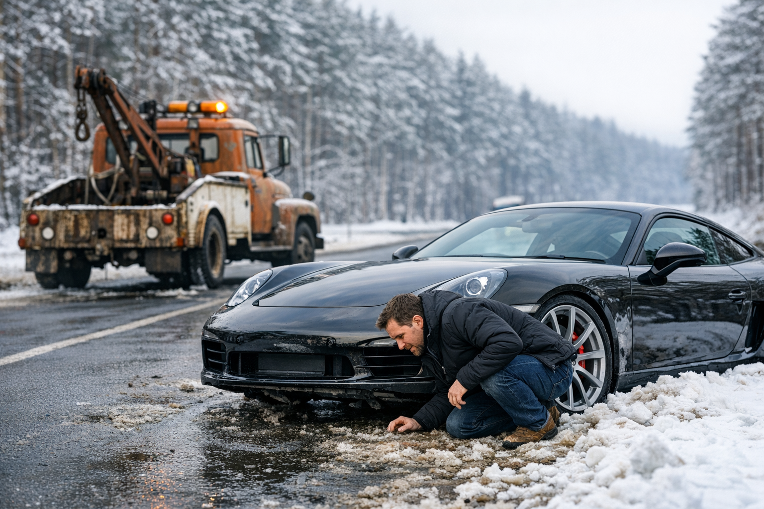 Kierowca ogląda niskopodłogowe sportowe auto oczekujące na lawetę na trasie Suwałki-Augustów, transport aut luksusowych