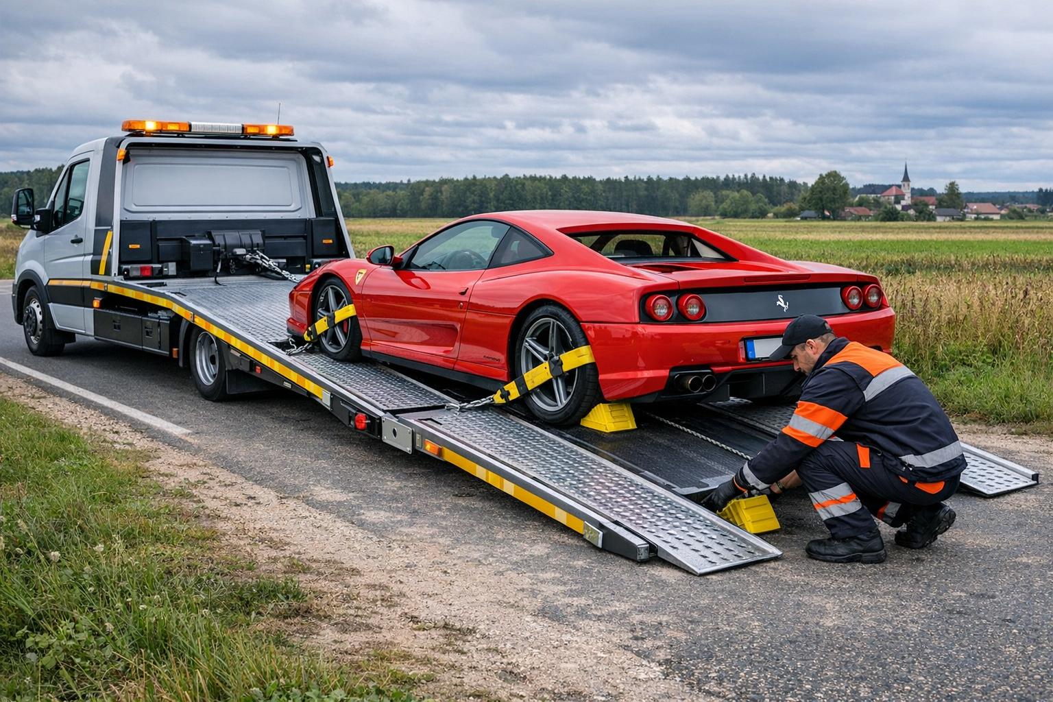 Laweta z najazdami ładuje niskopodłogowe auto Ferrari na drodze Podlasia, laweta niskie zawieszenie