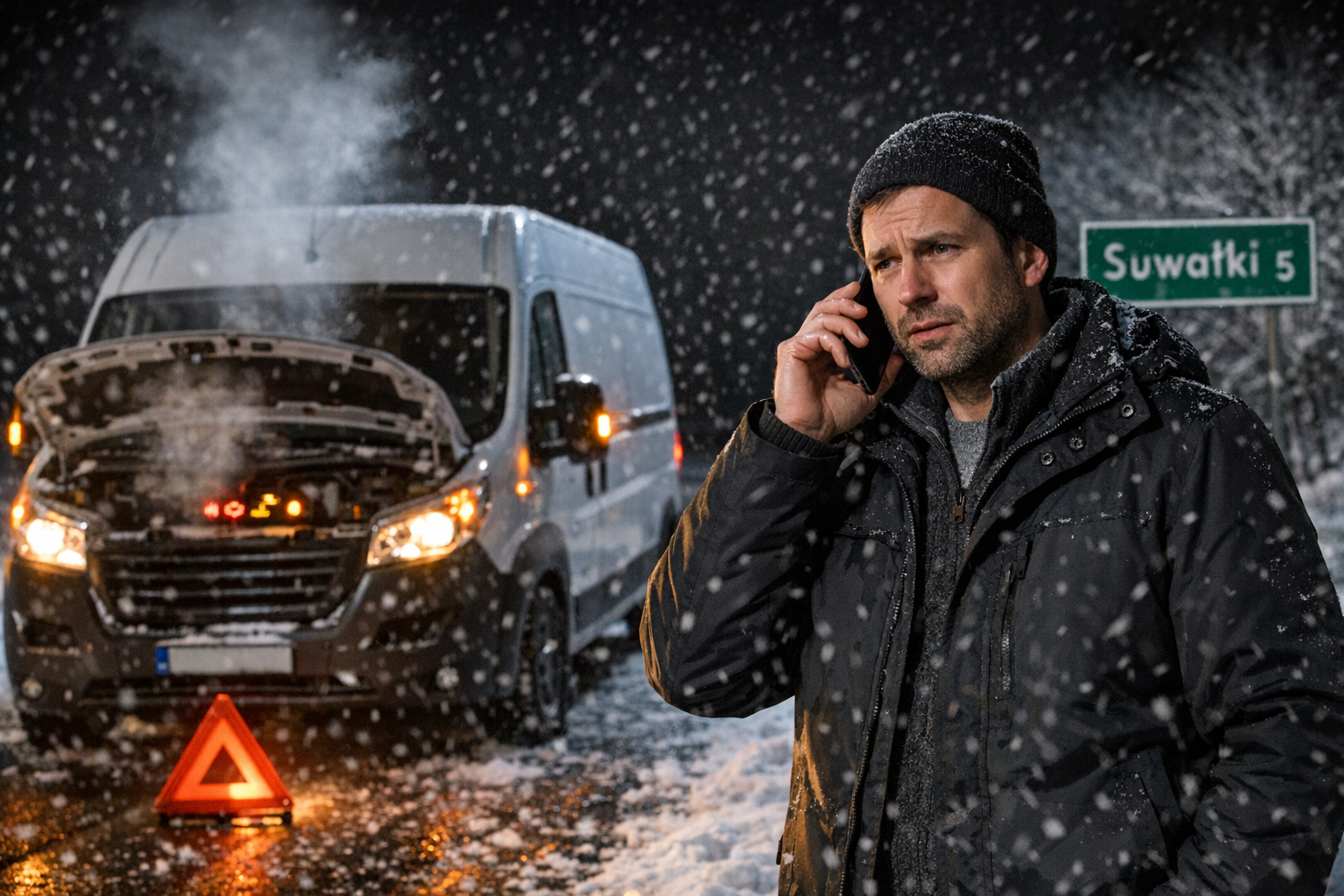 Kierowca busa dzwoni po pomoc drogową na zaśnieżonej trasie Suwałki-Gawrych Ruda, laweta bus Suwałki