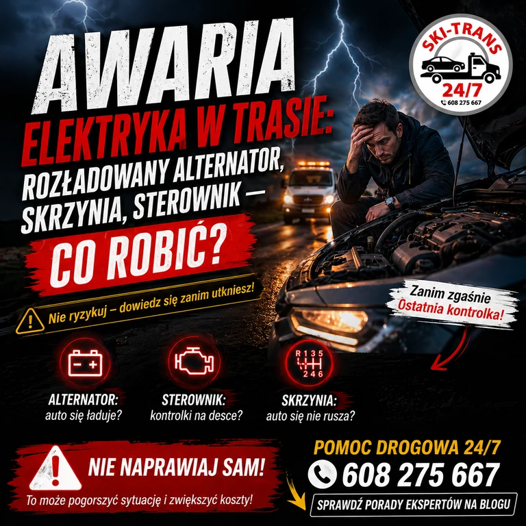 Awaria elektryczna na drodze, generator i kontroler. Usługi Ski-Trans 24/7. Kontakt telefoniczny pod numerem.
