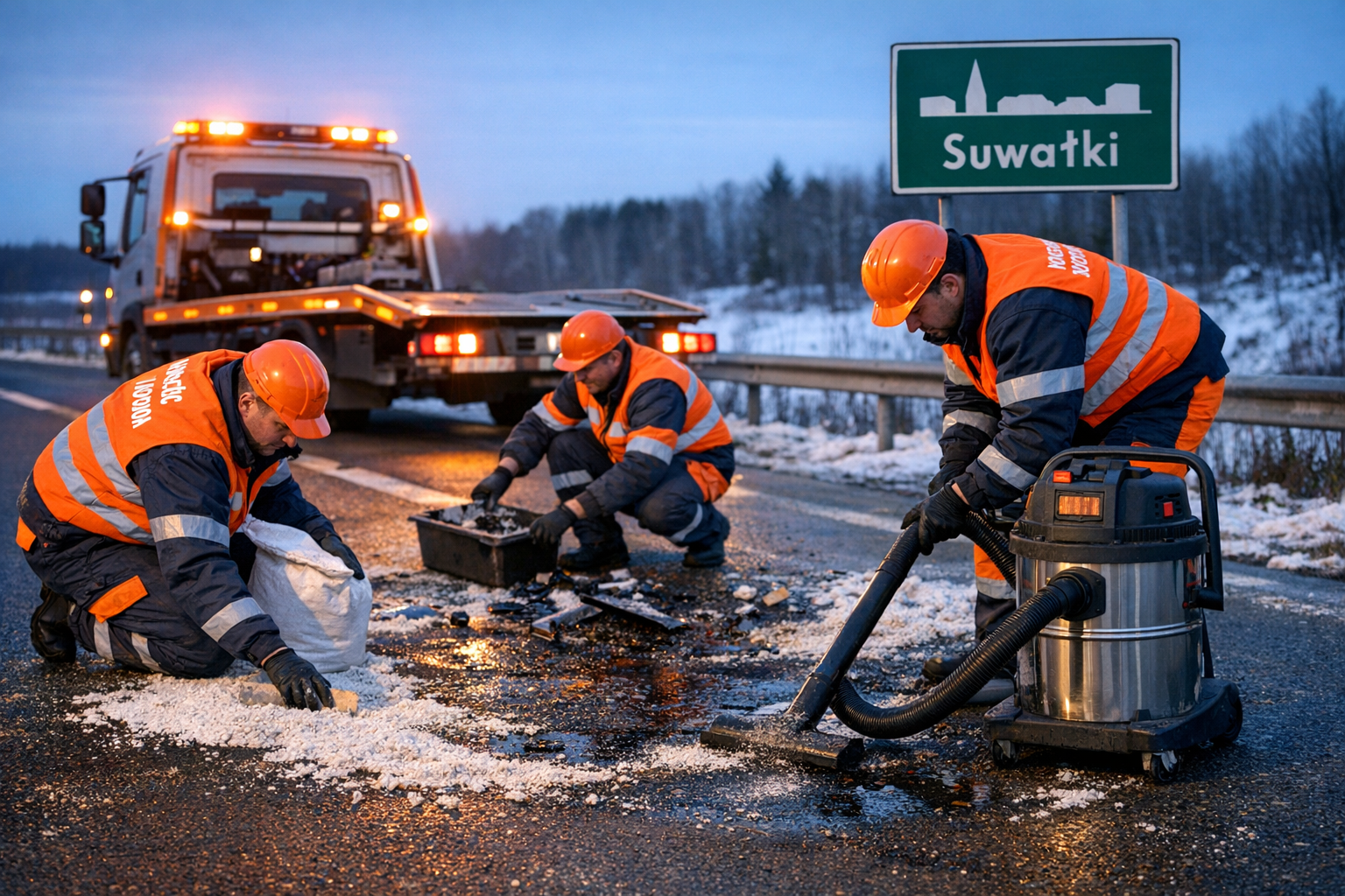 Sprzątanie po kolizji, laweta SKI TRANS, usuwanie płynów z asfaltu, pomoc drogowa Suwałki
