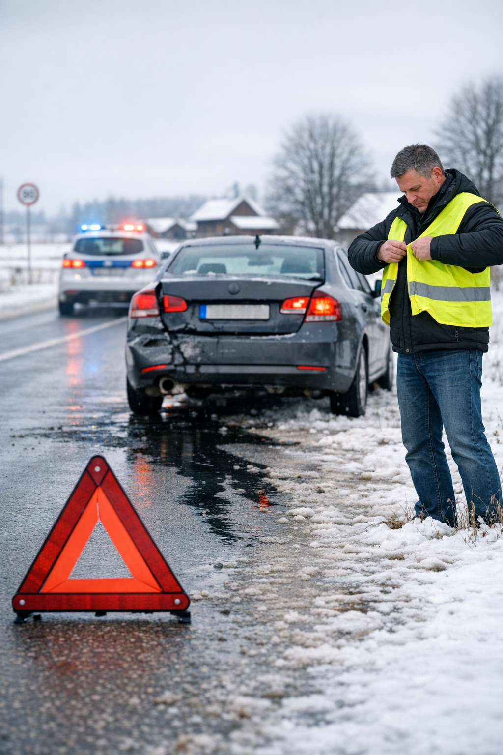 Zabezpieczenie miejsca wypadku Suwałki – kierowca, laweta, trójkąt ostrzegawczy, wyciek płynów, śnieg