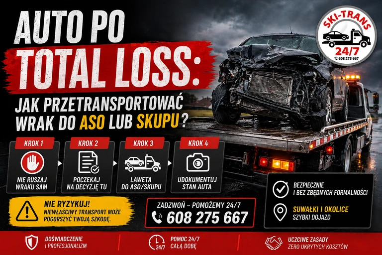 Total loss vehicle transport guide, steps and contact info for Ski-Trans pomoc drogowa sp. z o.o., 24/7 service.
