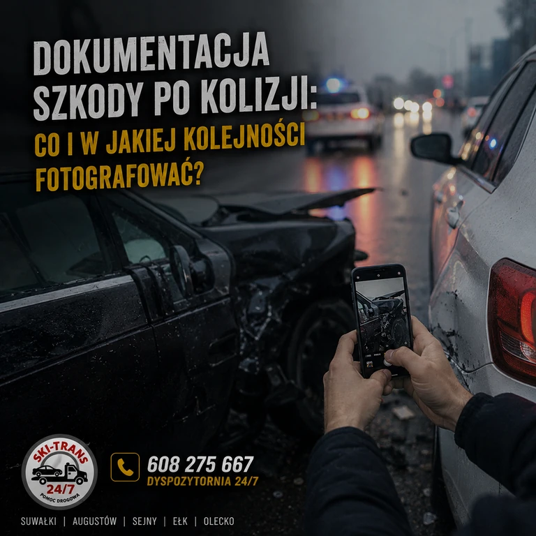 Person photographing car accident damage on a street; Ski-Trans pomoc drogowa branding visible.