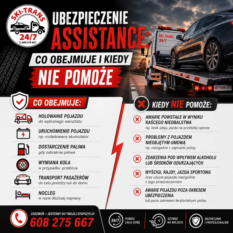 Assistance Insurance 2026 cover list with icons from Ski-Trans pomoc drogowa sp. z o.o., including what is not covered.