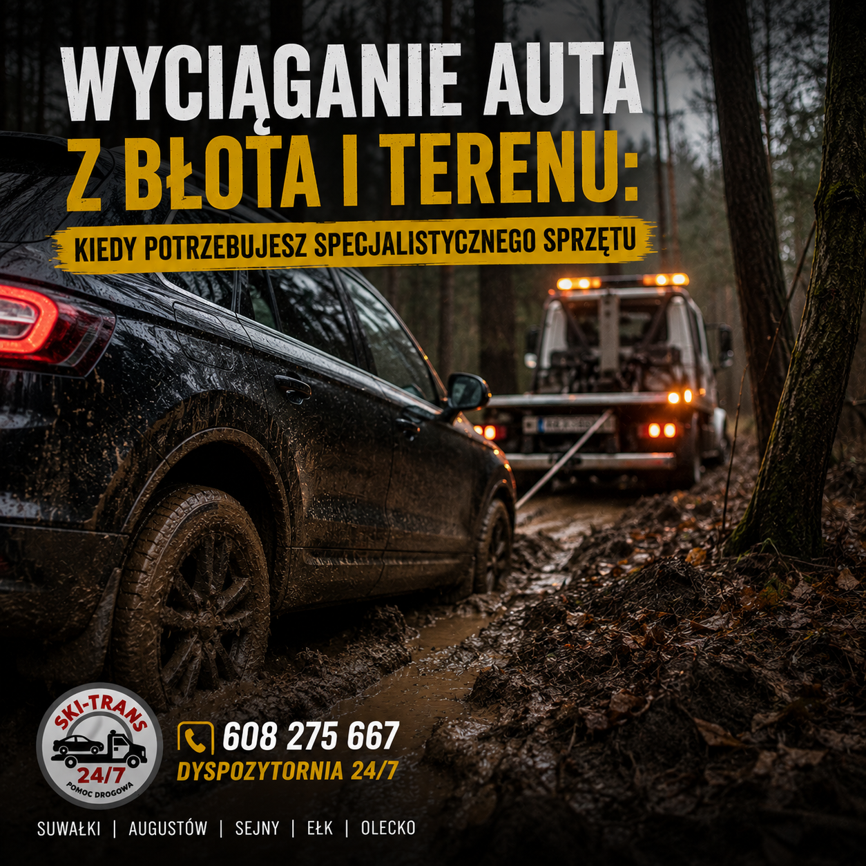 Auto wyciągane z błota przez pomoc drogową w lesie, specjalistyczny sprzęt w akcji.