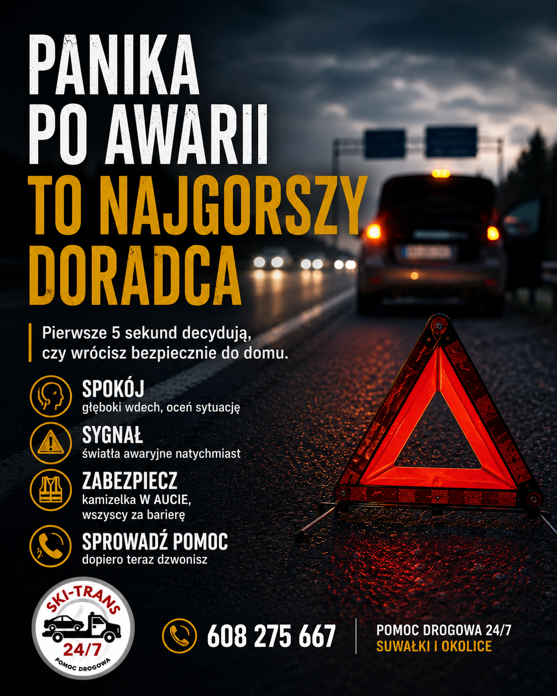 Samochód na poboczu drogi, trójkąt ostrzegawczy z przodu, awaryjne światła włączone, napis o znaczeniu bezpieczeństwa.