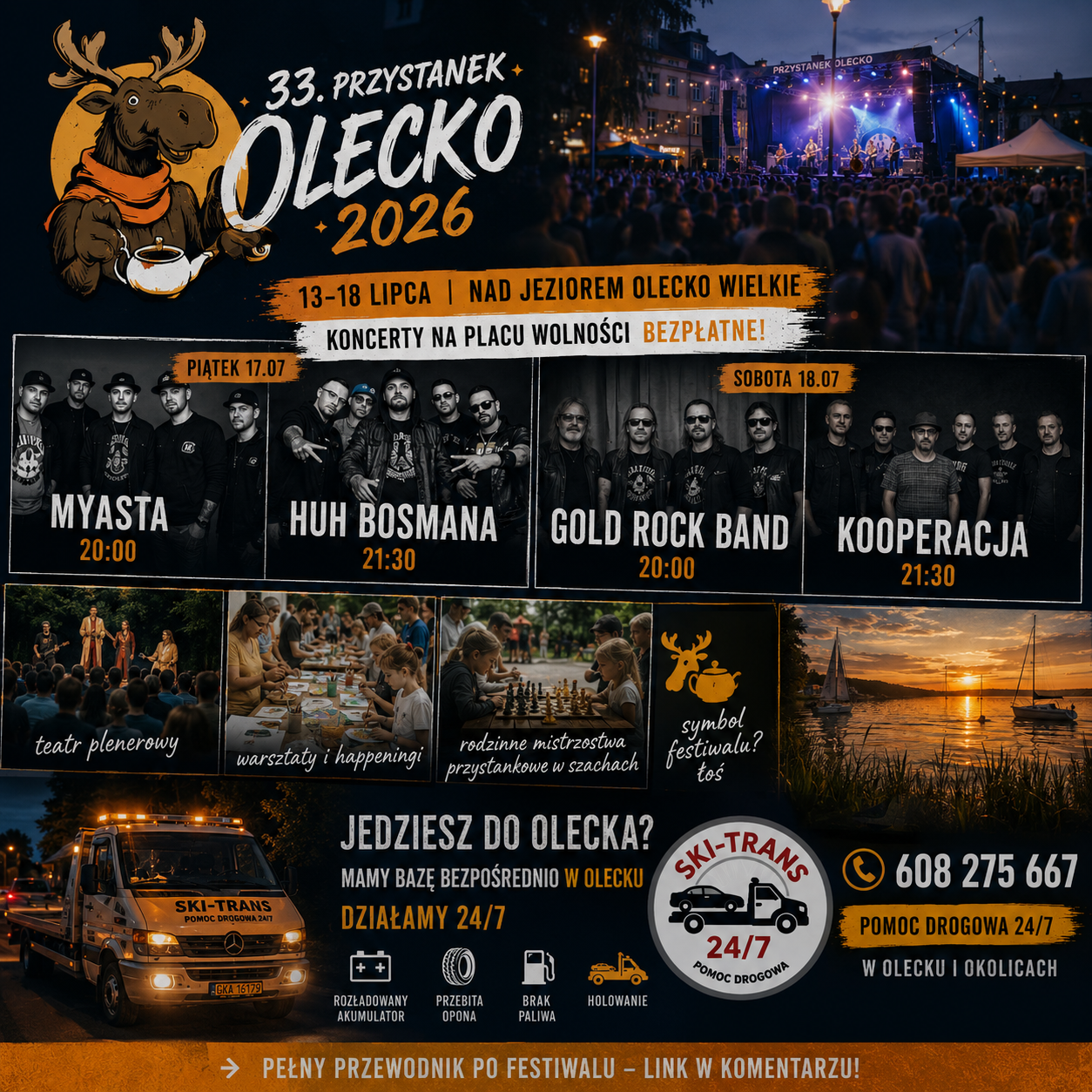 Plakat festiwalu Przystanek Olecko 2026 z zespołami i datami koncertów, logo Ski-Trans pomoc drogowa.