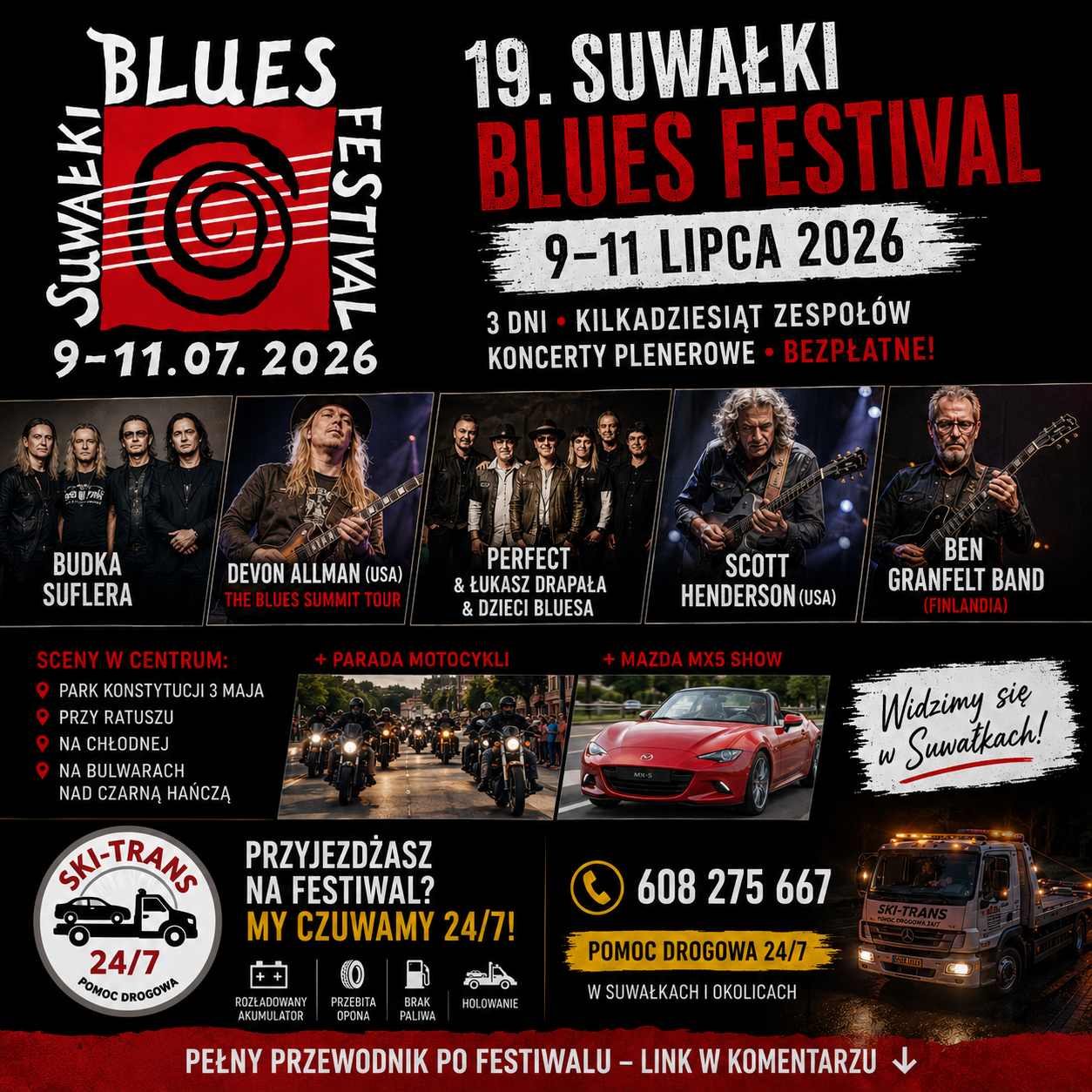 19. Suwałki Blues Festival 9-11 lipca 2026, lista wykonawców i informacje o pomocy drogowej Ski-Trans.