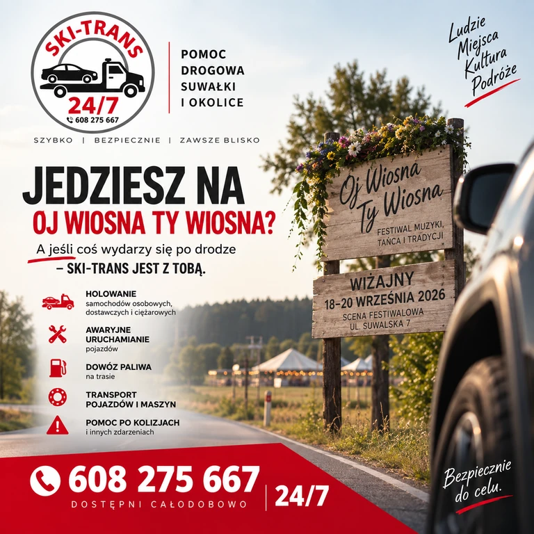 Plansza informacyjna o imprezie Oj, Wiosna Ty Wiosna 2026, programie i dojeździe